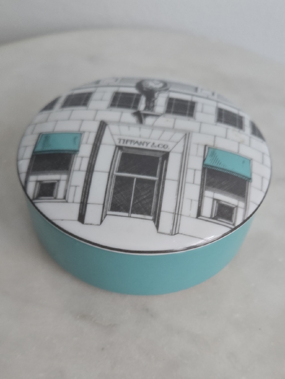 Tiffany & Co. Blue Enamel Round Trinket Box with Illustrated Lid